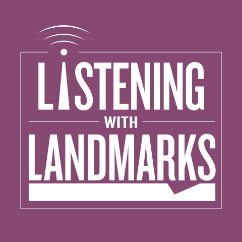 Logo for Listening with Landmarks which has a radio tower in place of the letter i